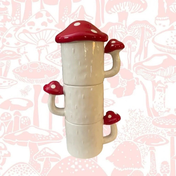 Mushroom Design Stacking Mugs - Red and White - Picture 1 of 9